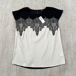 NWT Express Gramercy Black Lace Short Sleeve Blouse Top M